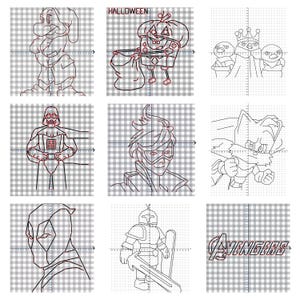 May include: Nine black and red line drawings of pop culture characters and logos on a gray and white checkered background. Characters include Darth Vader, Deadpool, and Sonic the Hedgehog. The word "HALLOWEEN" is at the top.
