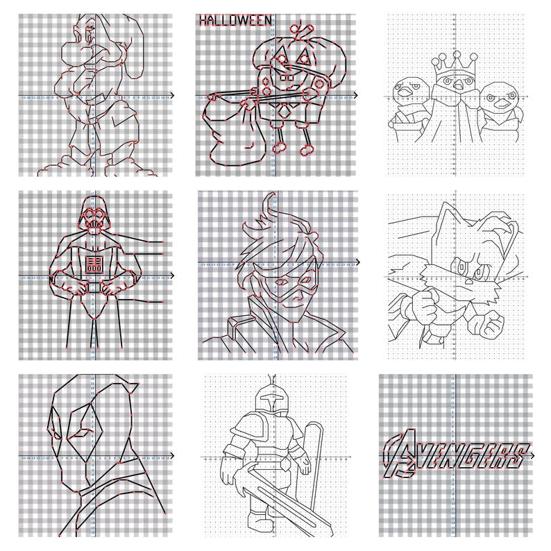 May include: Nine black and red line drawings of pop culture characters and logos on a gray and white checkered background. Characters include Darth Vader, Deadpool, and Sonic the Hedgehog. The word "HALLOWEEN" is at the top.