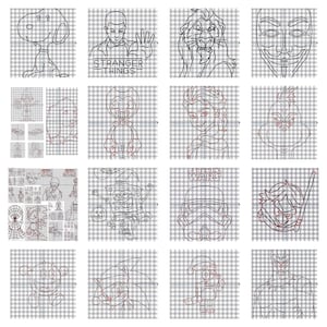 May include: A grid of cartoon character line drawings, including Snoopy, the Stranger Things logo, Scar from The Lion King, and the Anonymous mask. Other characters include Bendy, Elsa, and the Grinch.