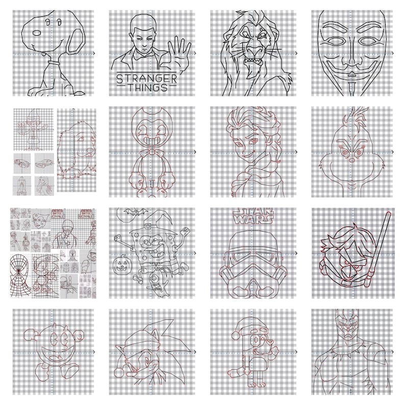 May include: A grid of cartoon character line drawings, including Snoopy, the Stranger Things logo, Scar from The Lion King, and the Anonymous mask. Other characters include Bendy, Elsa, and the Grinch.