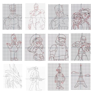 May include: Grid-based line drawings of various characters, including Black Panther, Iron Man, Captain America, and Elsa and Anna from Frozen. Other characters include Homer Simpson, a Smurf, a Stormtrooper, and Boba Fett. Also included are a dragon, a Teenage Mutant Ninja Turtle, Bender from Futurama, and the Eiffel Tower.