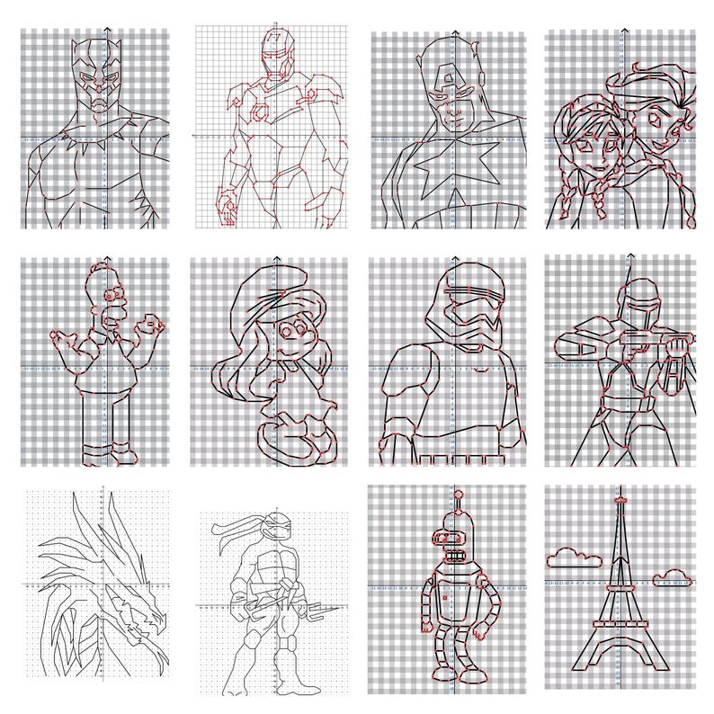 May include: Grid-based line drawings of various characters, including Black Panther, Iron Man, Captain America, and Elsa and Anna from Frozen. Other characters include Homer Simpson, a Smurf, a Stormtrooper, and Boba Fett. Also included are a dragon, a Teenage Mutant Ninja Turtle, Bender from Futurama, and the Eiffel Tower.