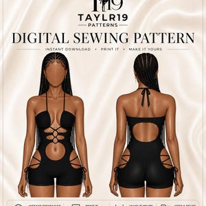 Puede incluir: Un patrón de costura digital para un romper negro con escote halter, detalles de aberturas en el frente y los costados, y acentos de cordones. La ilustración muestra las vistas frontal y posterior de la prenda en una figura con trenzas.