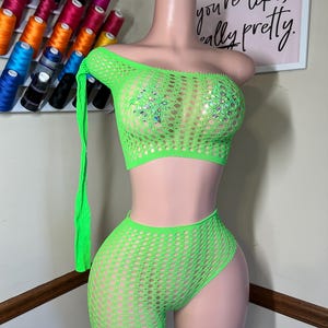 Lime Green Net Crochet Shorts Set Fishnet Stripper Outfit Lingerie Two Piece