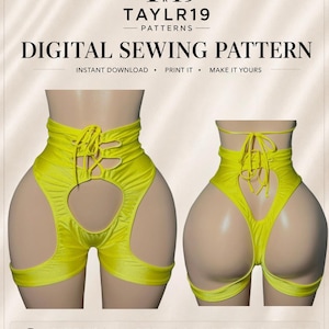 May include: A digital sewing pattern by TAYLR19 PATTERNS for high-waisted yellow shorts featuring a front and back lace-up closure, cut-out details, and leg straps. The text reads TAYLR19 PATTERNS DIGITAL SEWING PATTERN INSTANT DOWNLOAD PRINT IT MAKE IT YOURS.