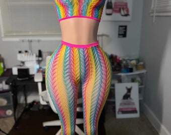 Rainbow Mesh Crochet Leggings Set Fishnet Stripper Outfit Lingerie Two Piece