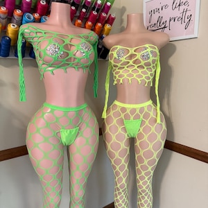 Full Exposure Pothole Fishnet Set with Pasties Mesh Fishnet Romper Bodysuit Stripper Lingerie Exotic Dancewear
