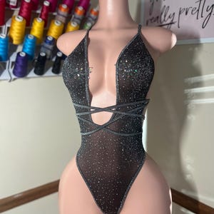 Black Rhinestone Mesh Halter Bodysuit Exotic Dancewear Stripper Outfit Lingerie Swimwear