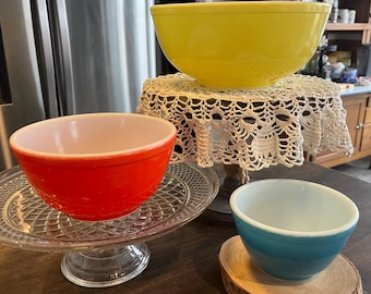 Vintage Primary Colors Pyrex Mixing Bowls in Yellow, Red, and Blue #400s. Yellow,  Red and Green are currently in stock.