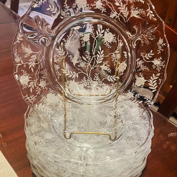 Fostoria CHINTZ Baroque Etch #338 Salad/Dessert Plates, Serving Platter, Nappy Dish, Cream/Sugar, 3 Footed Torte Plate, and a Cheese Stand