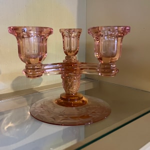 Heisey #129 Tricorn Triplex Candlestick Flamingo Pink