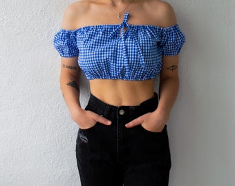 Mini gingham melkmeisje top, Vierkante hals top, Crop top (S-XS) (MAAT 2)