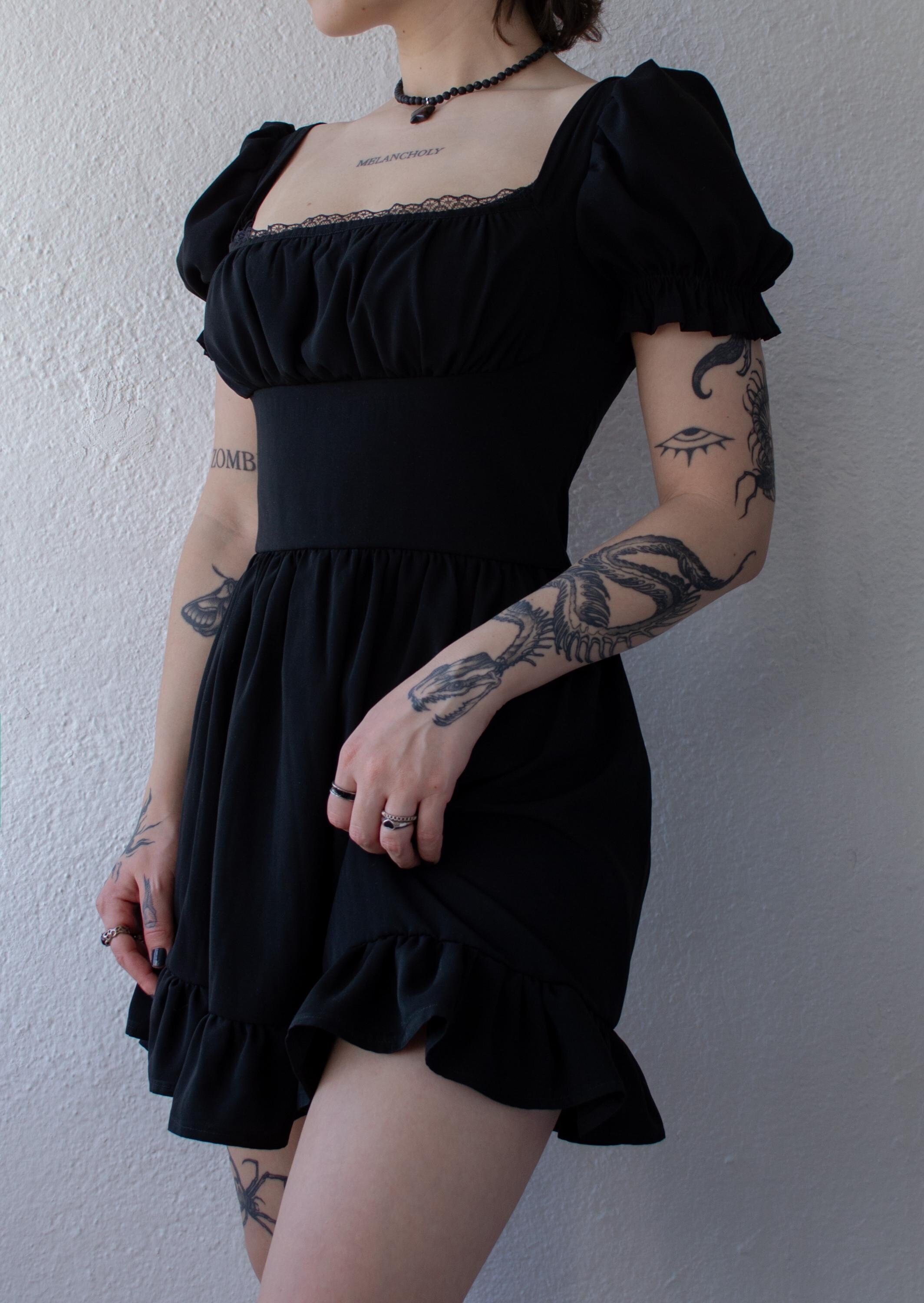 Gienah Black Milkmaid Dress in Viscose With Romantic Details