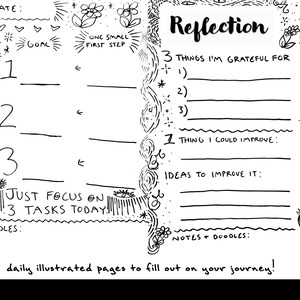 May include: Black and white illustrated journal page with prompts for daily reflection. Includes sections for scheduling, goals, gratitude, and self-improvement. Features doodles and the text "daily illustrated pages to fill out on your journey!"