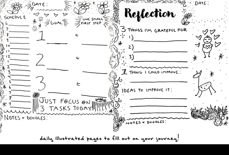 May include: Black and white illustrated journal page with prompts for daily reflection. Includes sections for scheduling, goals, gratitude, and self-improvement. Features doodles and the text "daily illustrated pages to fill out on your journey!"
