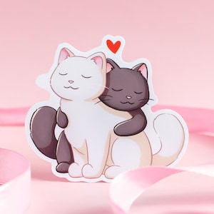 Sticker Amour chat - Chat noir et blanc - Câlin de chat - Sticker chat mignon - Sticker chat kawaii - Sticker pour ordinateur portable - Cadeau pour les amoureux des chats
