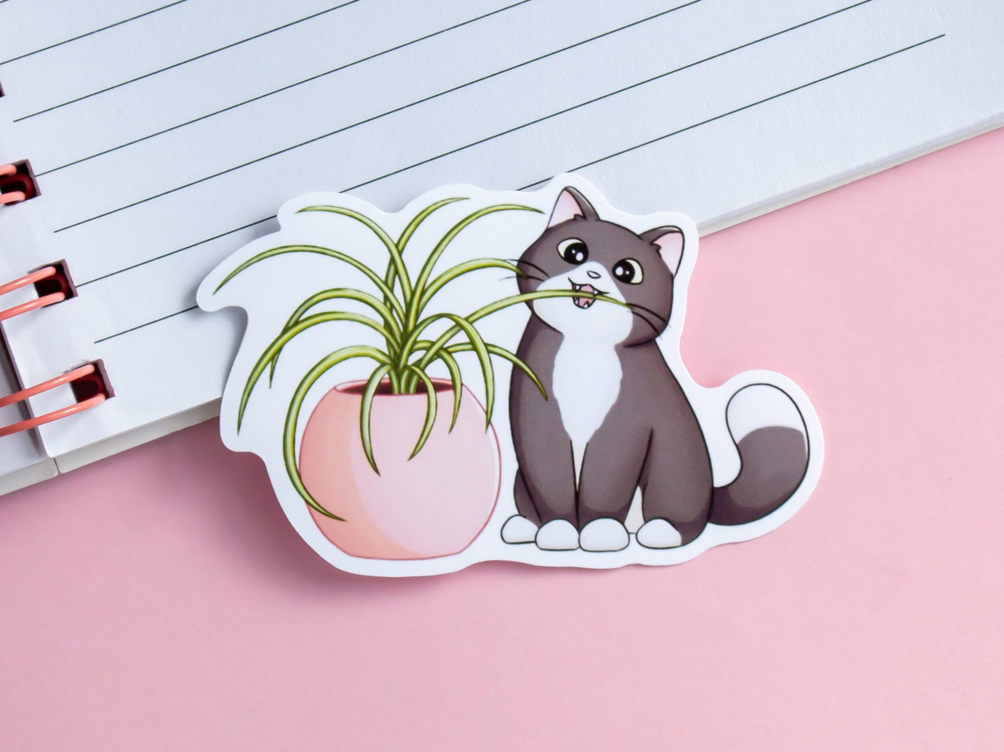 Cat Eating Spider Plant Sticker Cute Cat and Plant Sticker Laptop