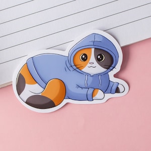 Sticker mignon chat calicot - Sticker pour ordinateur portable - Chat avec capuche - Sticker chat kawaii - Cadeau pour les amoureux des chats