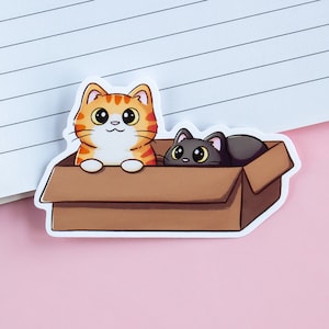 Gatti carini in scatola - Adesivo gatto nero - Adesivo gatto arancione - Adesivo animale kawaii - Adesivo per laptop - Regalo per amanti dei gatti