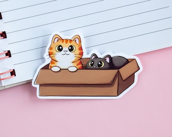 Cute Cats In Box - Black Cat Sticker - Orange Cat Sticker - Kawaii Animal Sticker - Laptop Sticker-  Gift For Cat Lovers