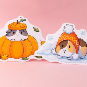 May include: Two illustrated stickers featuring a guinea pig wearing a pumpkin hat and a guinea pig wearing a winter hat. The stickers are on a pink background.