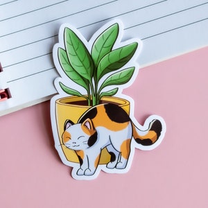 Sticker chat mignon - Sticker plante et chat calicot - Stickers ordinateur portable - Cadeau pour les amoureux des plantes et des chats