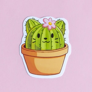 Pegatina de cactus con forma de gato adorable - Pegatina de cactus - Pegatinas para computadora portátil - Regalo para amantes de las plantas y los gatos