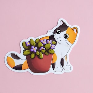 Sticker chat calicot avec fleurs - Sticker mignon chat et plante - Stickers ordinateur portable - Cadeau pour les amoureux des plantes et des chats