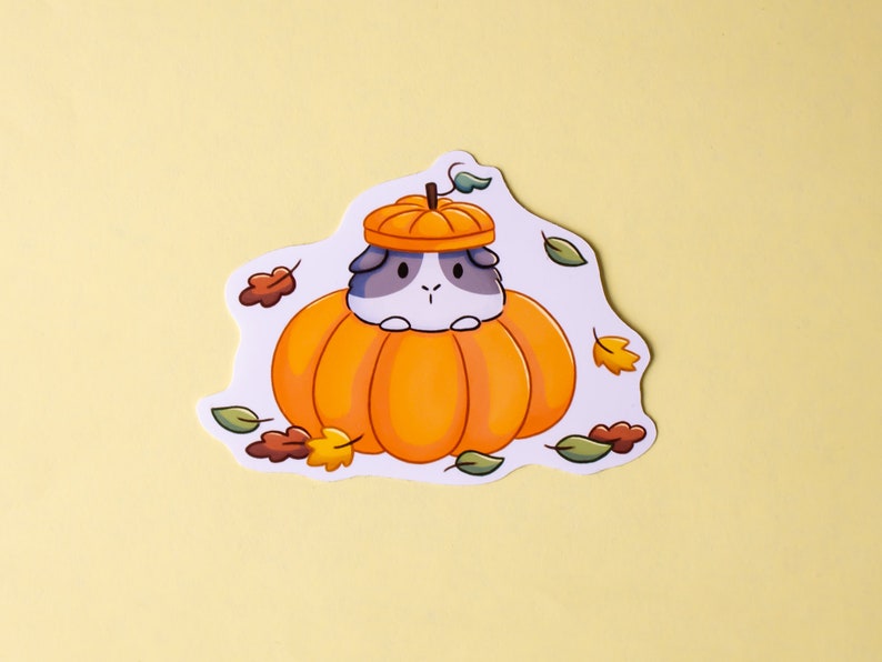 May include: A white and gray guinea pig wearing a pumpkin hat sits inside a large orange pumpkin. The pumpkin is surrounded by brown and orange fall leaves.