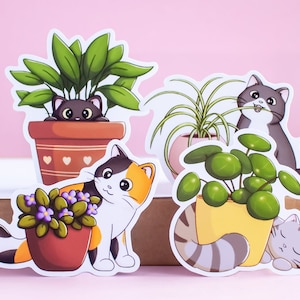 Schattige katten met planten stickerpakket - laptopstickers - cadeau voor katten- en plantenliefhebbers (pak van 4)