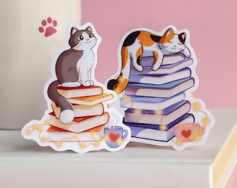 Cute Cats On Books Sticker Pack - Laptop Stickers - Gift For Cat And Book Lovers (Pack of 2)