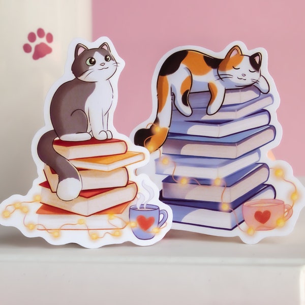 Cute Cats On Books Sticker Pack - Laptop Stickers - Gift For Cat And Book Lovers (Pack of 2)