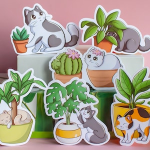 Lindo paquete de pegatinas de gatos y plantas - Pegatinas para portátiles - Regalo para amantes de los gatos y las plantas (paquete de 6)