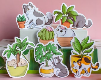 Cute Cats And Plants Sticker Pack - Laptop Stickers - Gift For Cat And Plant Lovers (Pack of 6)