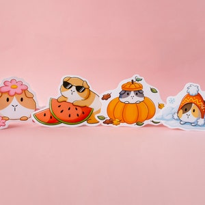May include: Four illustrated stickers featuring guinea pigs in different seasonal outfits. The first sticker shows a guinea pig wearing a flower crown and holding a pink flower. The second sticker shows a guinea pig wearing sunglasses and holding a slice of watermelon. The third sticker shows a guinea pig wearing a pumpkin hat and sitting inside a pumpkin. The fourth sticker shows a guinea pig wearing a winter hat and scarf and sitting in the snow.