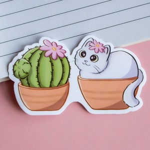 Pegatina de gato adorable - Pegatina de gato y cactus - Pegatinas para portátil - Regalo para amantes de las plantas y los gatos