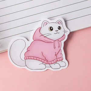 Sticker mignon chat blanc - Chat avec capuche - Sticker pour ordinateur portable - Sticker chat kawaii - Cadeau pour les amoureux des chats