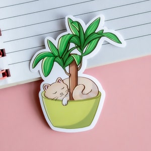 Sticker chat dormant dans un pot - Sticker mignon chat et plante - Stickers ordinateur portable - Cadeau pour les amoureux des plantes et des chats