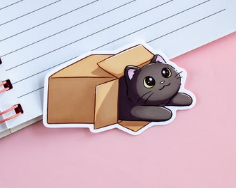 Cute Cat In Box - Black Cat Sticker - Kawaii Animal Sticker - Laptop Sticker-  Gift For Cat Lovers