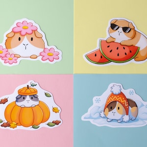 May include: Four sticker designs featuring a guinea pig in different seasonal outfits. The first sticker shows a guinea pig wearing a pink flower crown, the second shows a guinea pig wearing sunglasses and holding a watermelon, the third shows a guinea pig wearing a pumpkin hat, and the fourth shows a guinea pig wearing a red and white winter hat.