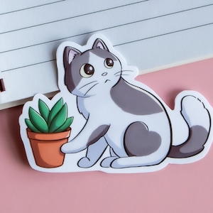 Sticker chat mignon - Sticker plante chat donnant un coup de pied - Stickers ordinateur portable - Cadeau pour les amoureux des plantes et des chats