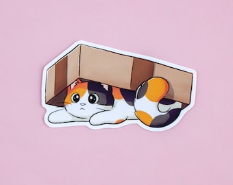 Pegatina de gato calicó debajo de la caja - Pegatina de gato adorable - Pegatina de gato calicó - Pegatinas para portátil - Regalo para amantes de los gatos