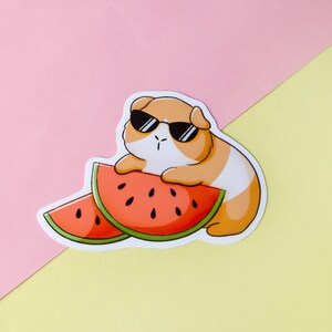 May include: A cartoon illustration of a guinea pig wearing sunglasses and holding a slice of watermelon. The guinea pig is orange and white and the watermelon is red and green.