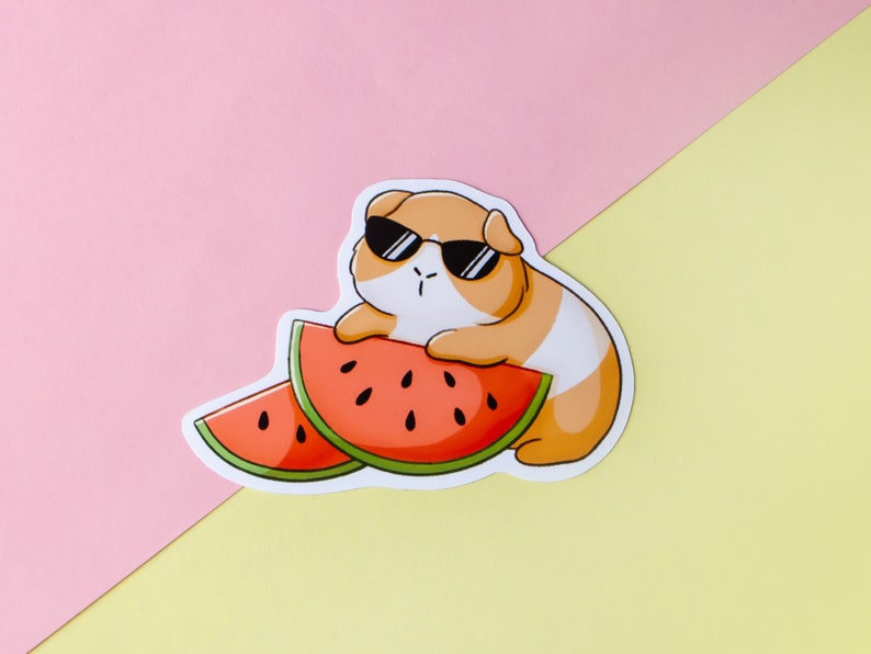 May include: A cartoon illustration of a guinea pig wearing sunglasses and holding a slice of watermelon. The guinea pig is orange and white and the watermelon is red and green.