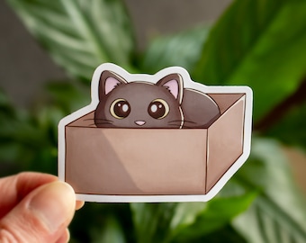 Aufkleber mit schwarzer Katze – Kawaii-Katze in einer Box – Aufkleber für Laptop, Wasserflasche, Planer