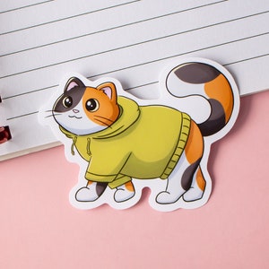 Sticker mignon chat calicot - Chat avec capuche - Sticker pour ordinateur portable - Sticker chat kawaii - Cadeau pour les amoureux des chats