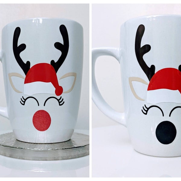 Personalized Color Changing Christmas Mug - Reindeer with Santa Hat Holiday Mug for Hot Cocoa or Coffee