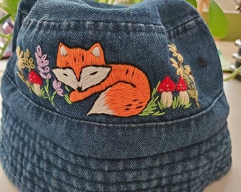 Embroidered bucket hat, jean hat, cute embroidered cap, Christmas gift, fox embroidered, mushroom embroidered