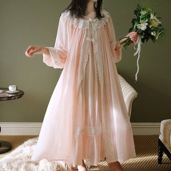PINK BRIDAL PRINCESS cotton Victorian nightgown, Robe set, Bridgeton robe set, slip dress, vintage, cottagecore, long sleeve