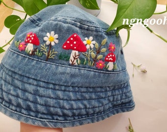 Floral mushroom embroidered bucket hat, garden embroidery hat, jean cap, gift for her, dainty flower, mushrooms daisy